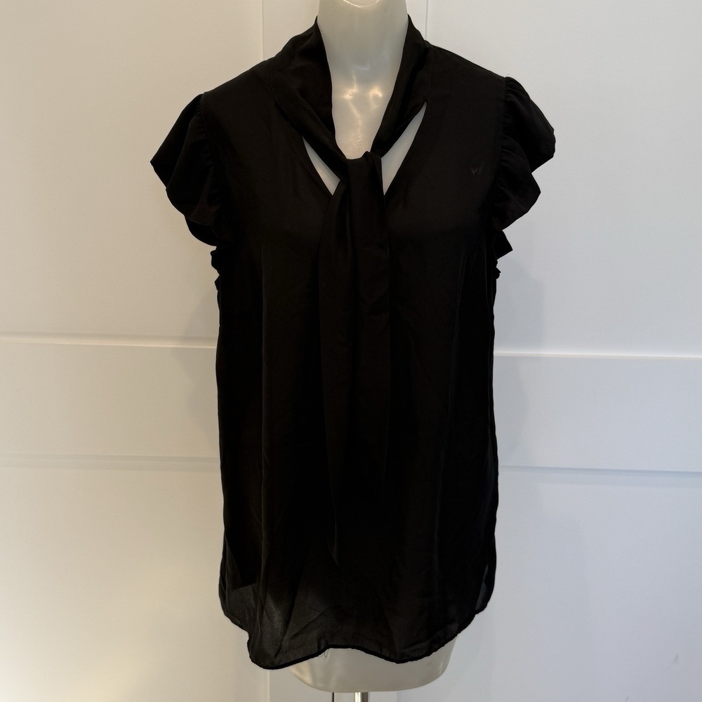 Minna Womens Tie-Neck Flutter‎ Sleeve Solid Black Top Size XL